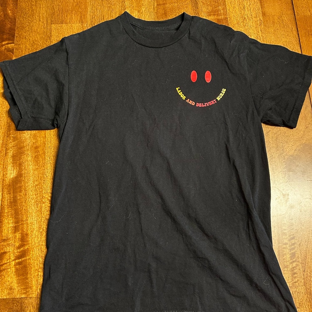Gildan Black Tee with Red and Yellow Smiley Graphic